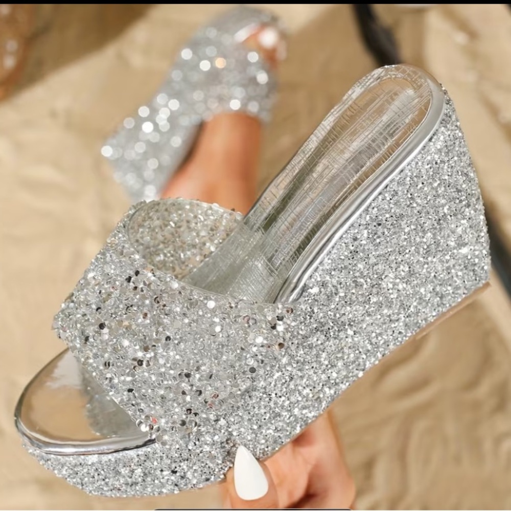Silver Glitter Wedge Slide Sandals - Women